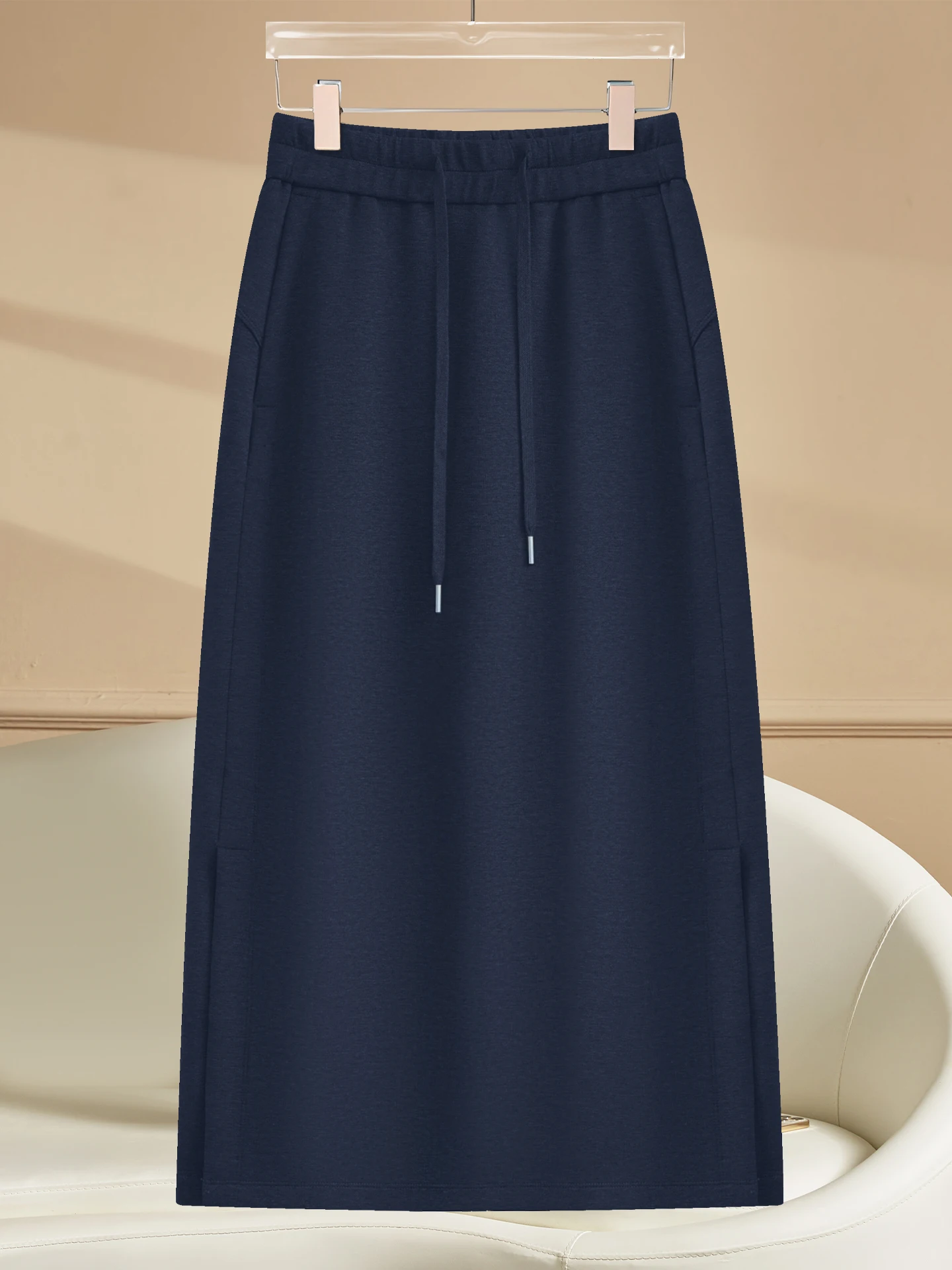 High Waist Midi Straight Leg Casual Sweat Skirt for Women Spring Autumn 2026 New Elastic Side Slit A-Line Half Body Skirt