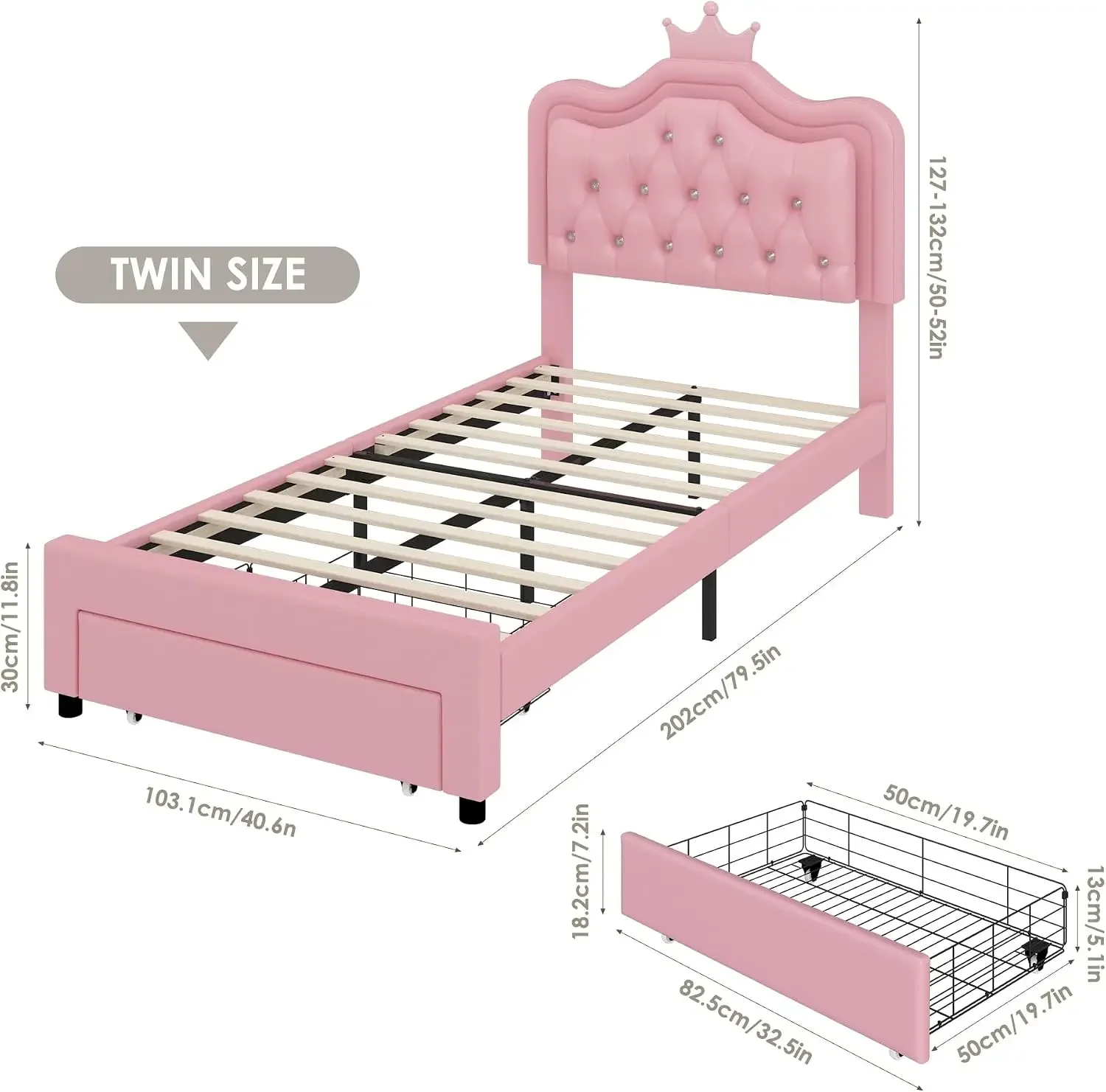 USA Stock Twin Upholstered LED Bed Frame with Storage Drawer, Leather Princess Platform Bed with Adjustable Crystal Button Tufte