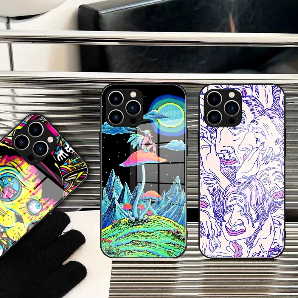 Colourful Psychedelic Trippy Art  Phone Case Tempered Glass For IPhone 14 15 11 12 Pro 8 7 14 Plus 13 Pro MAX  iphone 15 Covers