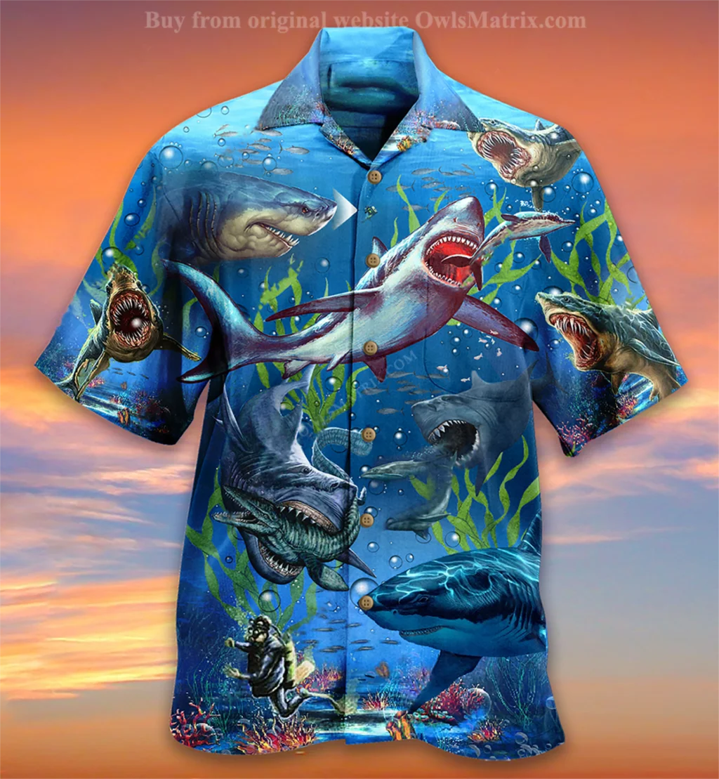 New Hawaiian Mens Shirts Megalodon Painting Shark Hawaii Beach Vacation Plus Size Short Sleeve Button Up Shirts