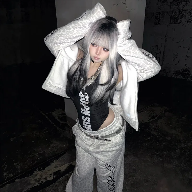 Winter Women's Y2K Gothic Streetwear Leopard Print Faux Fur Hooded Zip Up Cropped Oversized Long Sleeve 2 Piece Hoodies Sets image 2