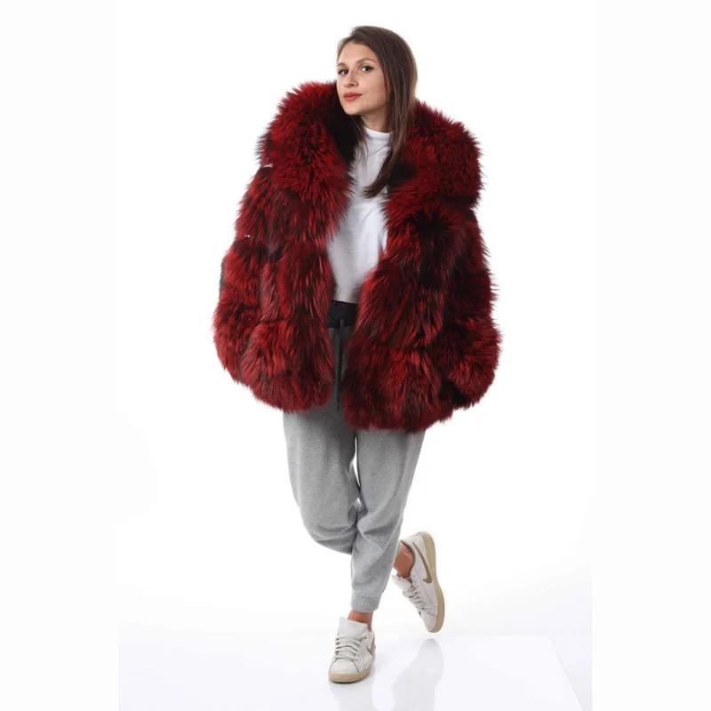 Genuine Dark Red Fox Fur Coat Women Fashion Luxury Outertwear Big Lapel Long Sleeve Warm Furry Natural Fox Fur Jacket Female