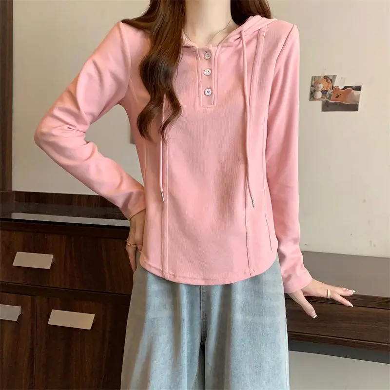 Button Plain Hoodies Sweatshirt for Women Y2k Vintage Cheap Long Sleeve Streetwear New in Y2k Japanese Basic Woman Hooded Tops