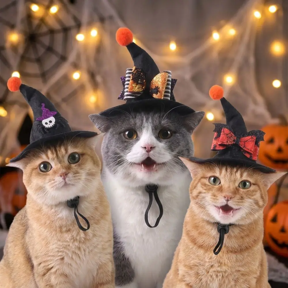 Adjustable Strap Pet Halloween Witch Hat Pointed Brim Curved Top Cat Witch Costume Cap Lightweight Fit Sequin Bowknot