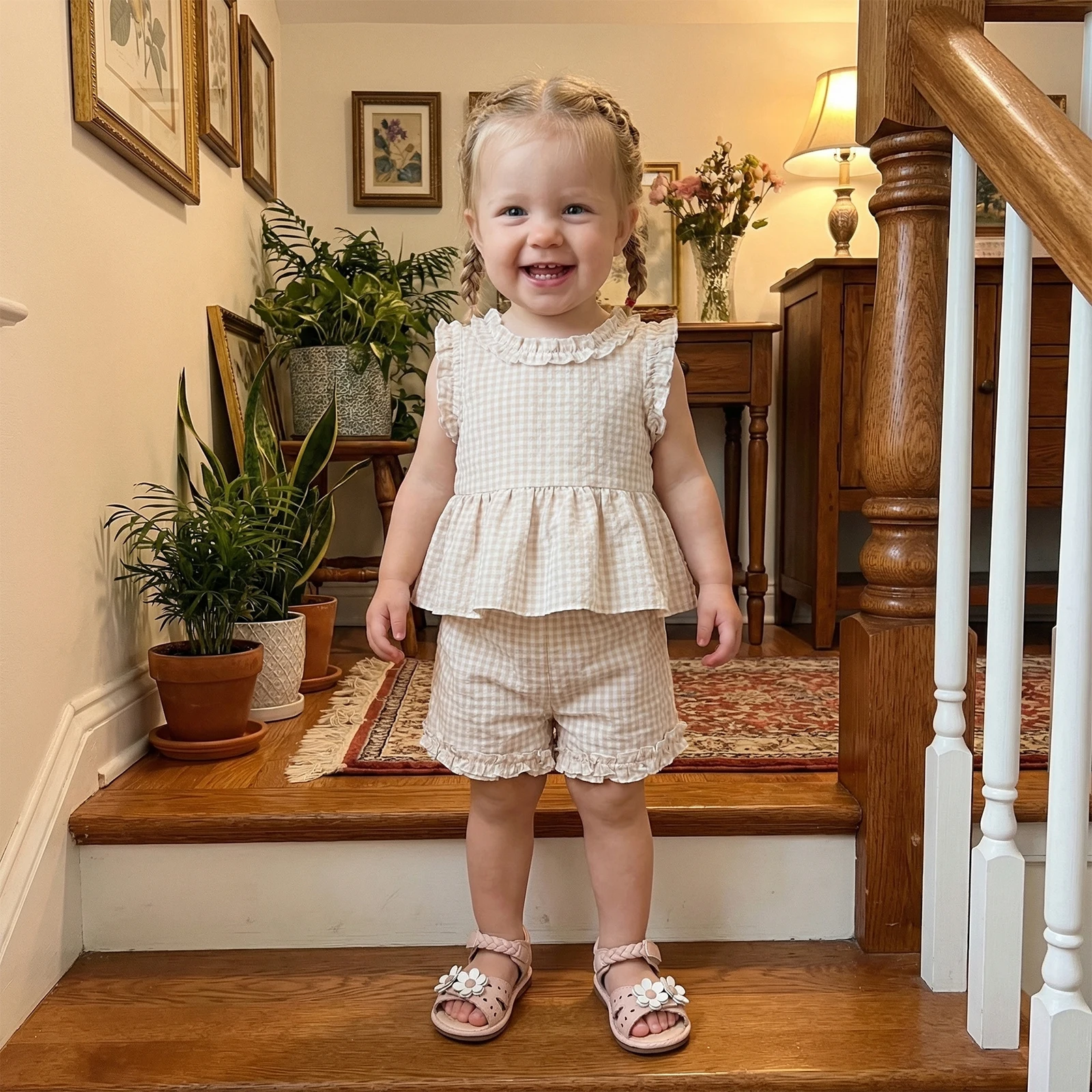 Toddler Baby Girl Summer Outfit Plaid Ruffled Trim Loose Hem Crew Neck Sleeveless Tops and Shorts 2 Pcs Set