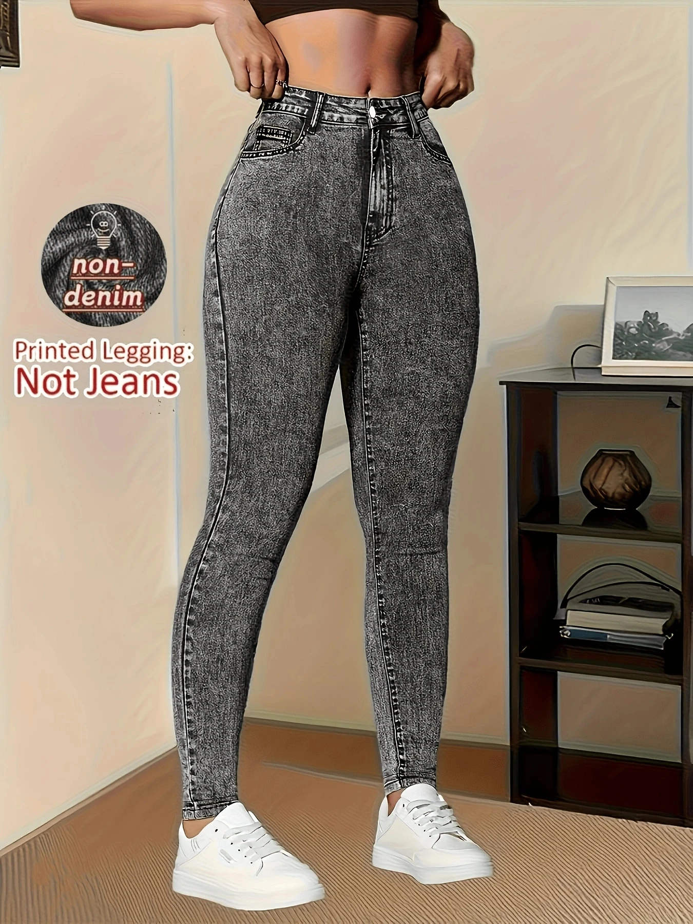 Women Faux Denim Printed Leggings, Thin Breathable Slim Fit Stretchy Pants, All Season Casual Sports Yoga Long Pants, Non Denim