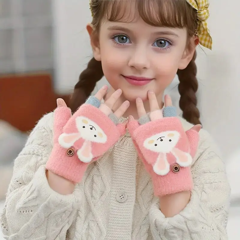 Cozy Cute Cartoon Girls' Winter Gloves  Warm Cold-Proof Flip Top Design for Writing and Skiing Polyester Blend Hand Washable