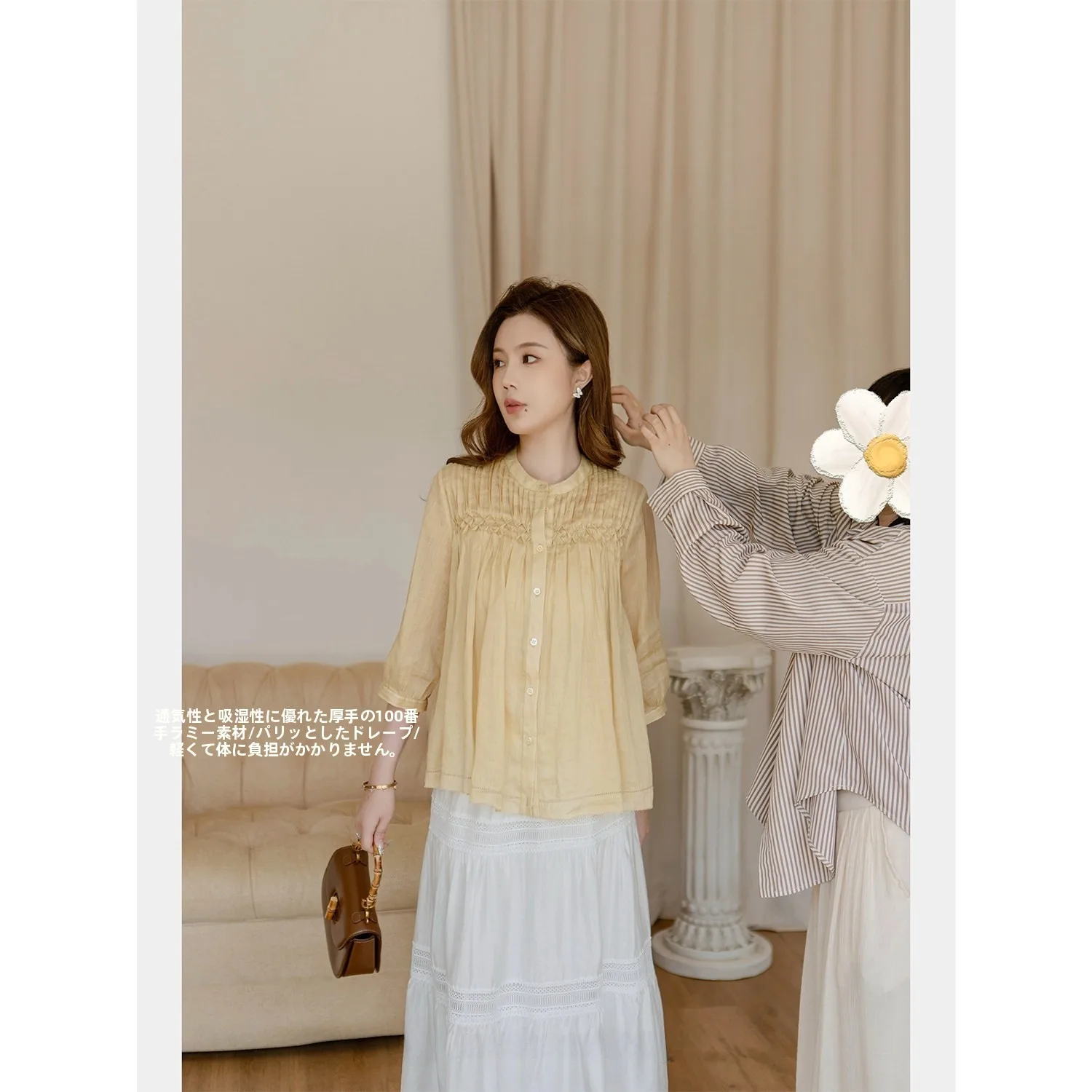 

Original Handmade Women's Shirt Liu Xu 100% Hemp Accordion Pleat Morning Radiance Pattern Breathable Summer Fashionable
