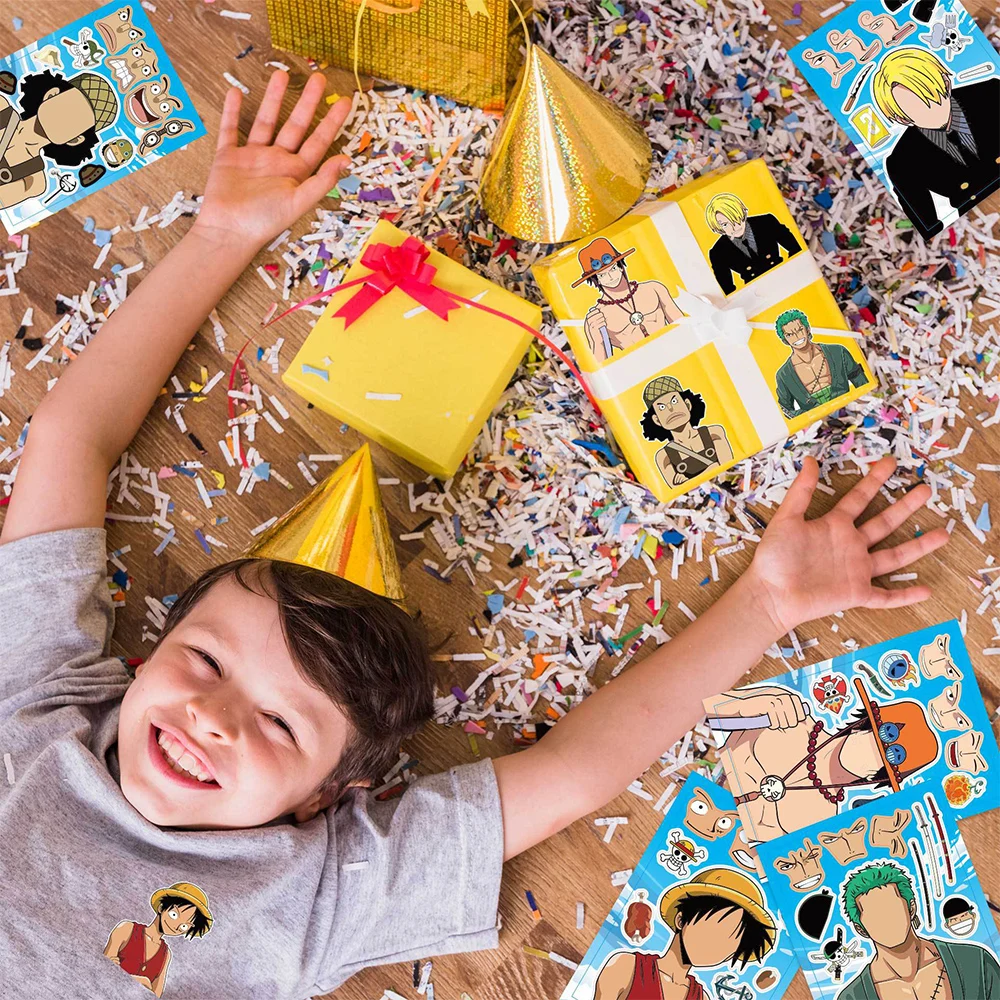 8/16 folhas dos desenhos animados uma peça anime quebra-cabeça adesivos diversão fazer um rosto brinquedos diy montar suprimentos de jogo para presentes de recompensa de festa