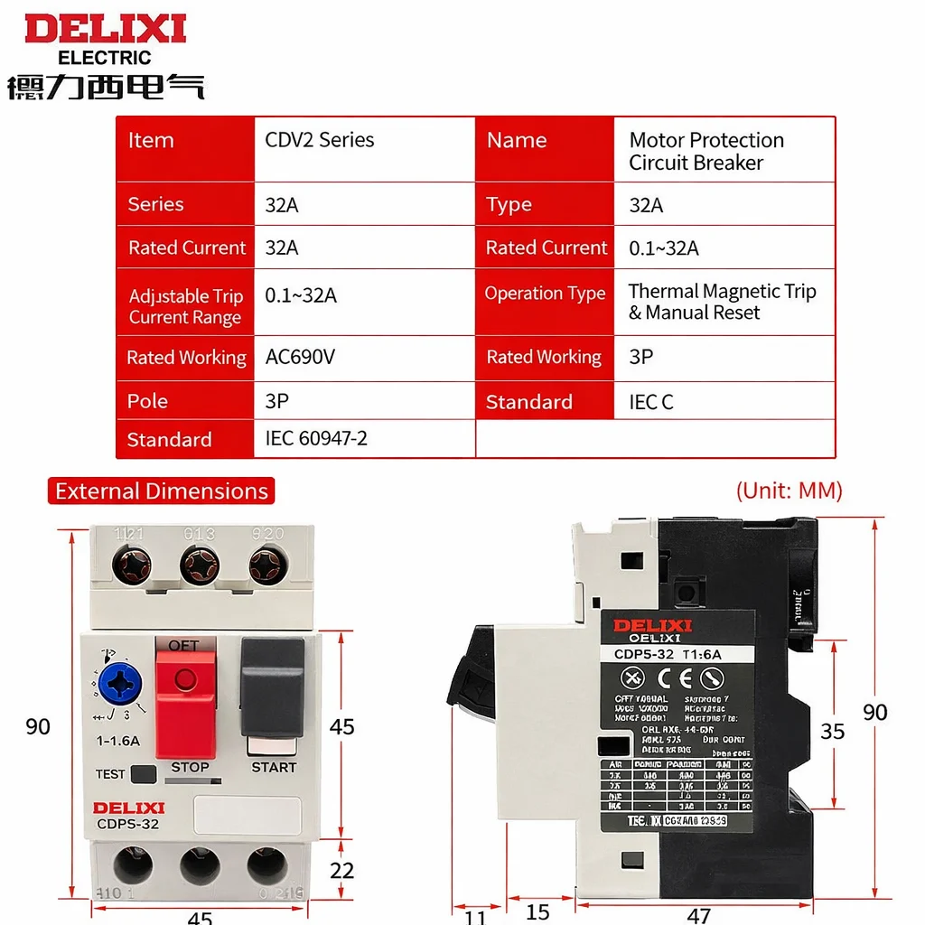 Delixi motor circuit breaker CDP6-32 setting current 2.5-32A