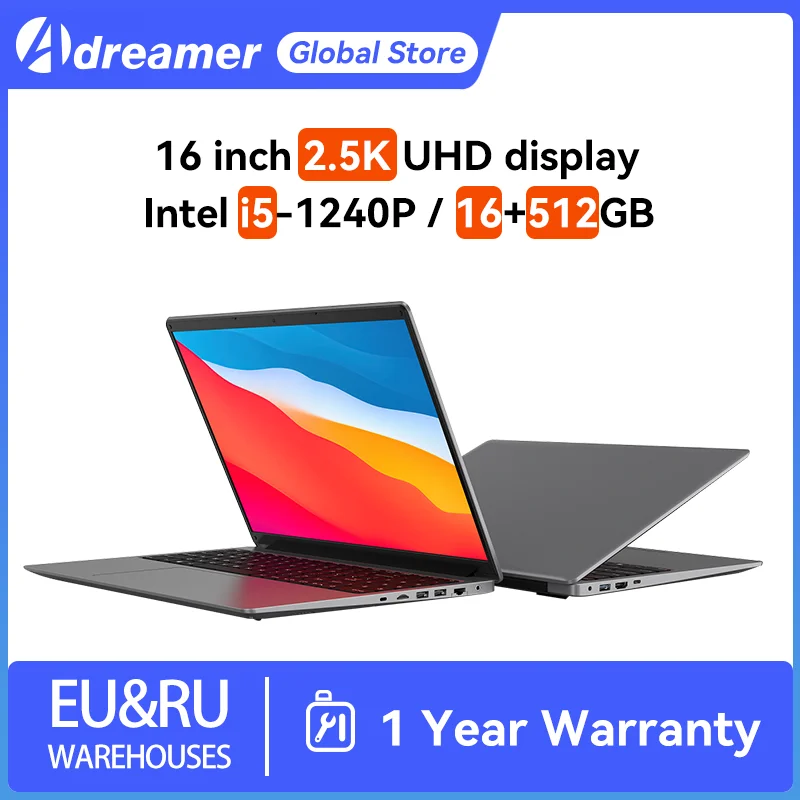 Adreamer LeoBook 16S Laptop 16 Inch 2.5K 2560x1600 IPS UHD Notebook Intel i5-1240P 16GB DDR4 512GB SSD 55Wh Windows 11 Computer