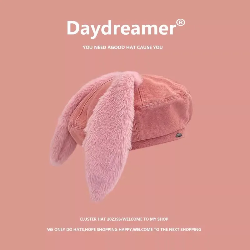 Japanese Cute Rabbit Ears Beret Cowboy Spring and Autumn Trend Personalized Street Solid Color Painter Hat for Women