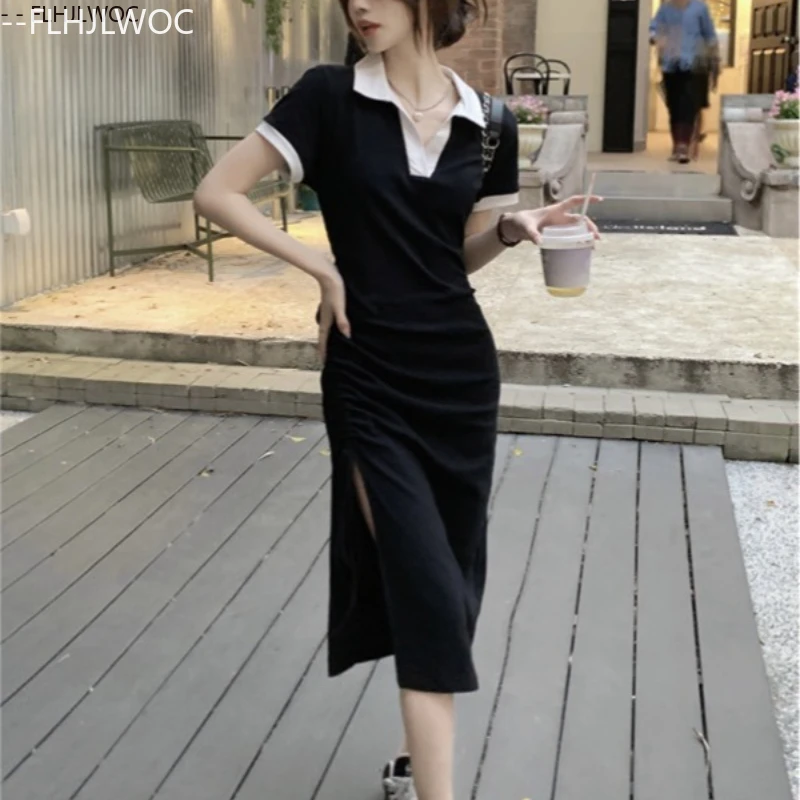 Abiti in cotone arricciato Estate Ragazze carine Donne Chic Corea Giappone Stile Casual Manica corta Colletto polo bianco Abito t-shirt