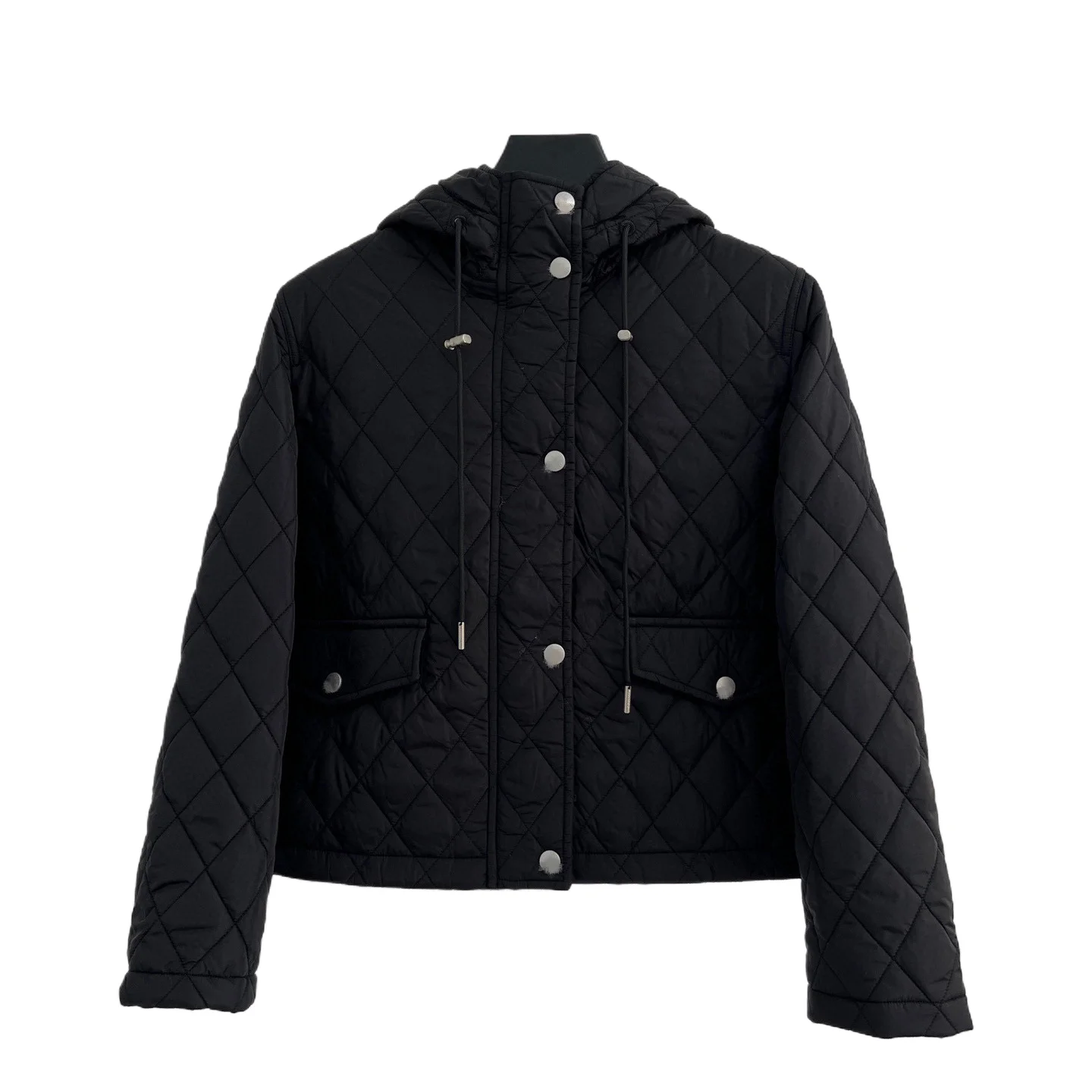 Women's Casual Plaid Hooded Jacket 2026 Fashion Inner Cotton Top Drawstring Solid Color Cotton-Padded Short Outerwear