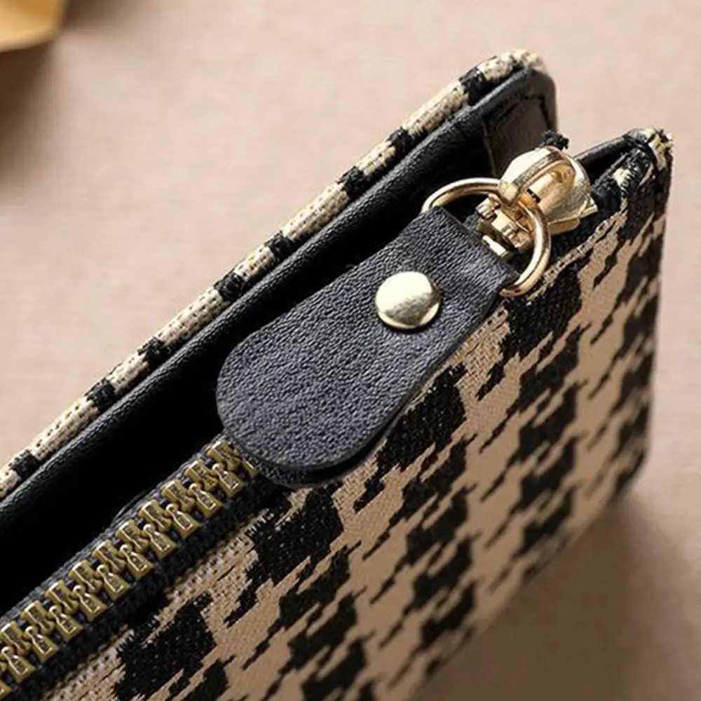 Zipper Houndstooth Short Wallet Card Pocket Korean Style Card Holder Clutch Bag Multi-card Slot PU Leather Card Bag Female