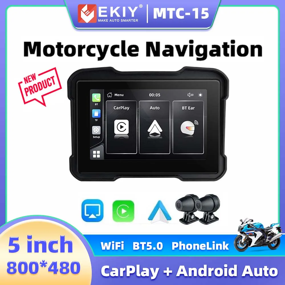 

EKIY 5 inch Motorcycle Car DVR Dash Cam Wireless Carplay Android auto GPS Monitor Wireless Carplay Android Auto 2 Cameras