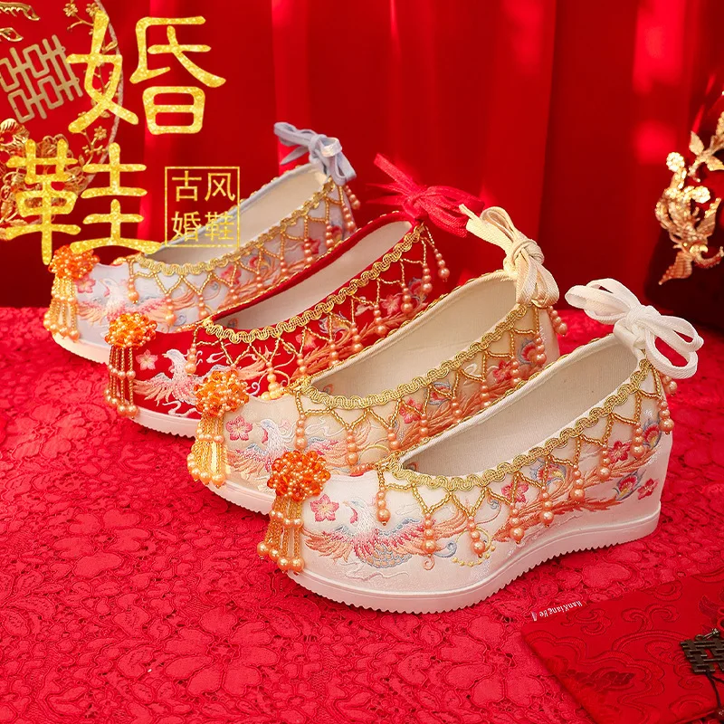 

Туфли на высоком каблуке в китайском стиле для свадьбы Сюхэ, вышитые свадебные туфли в стиле Мин Ханьфу
