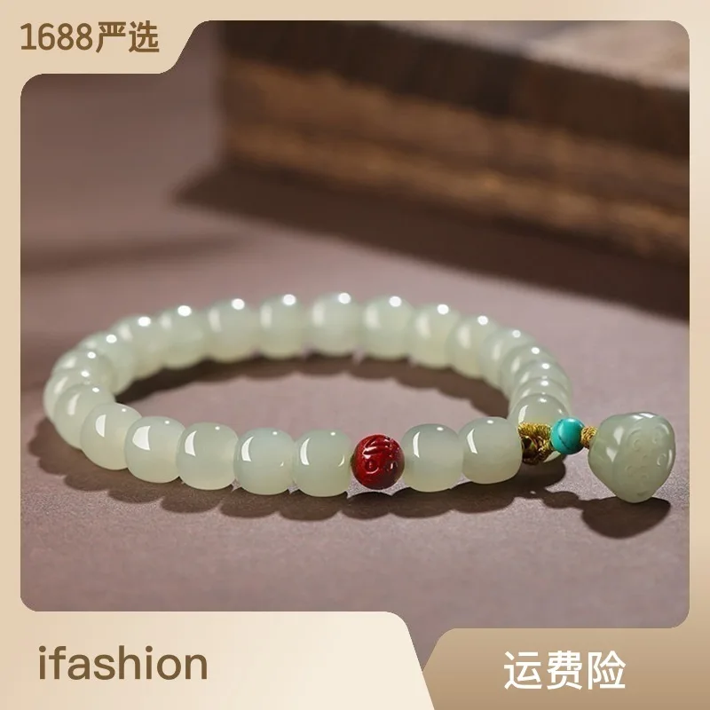 

Natural Ice Clear Water Material Hetian Jade 7*8mm Good Luck Bracelet Female Lotus Pendant Retro Hand Jewelry Girlfriends Gift