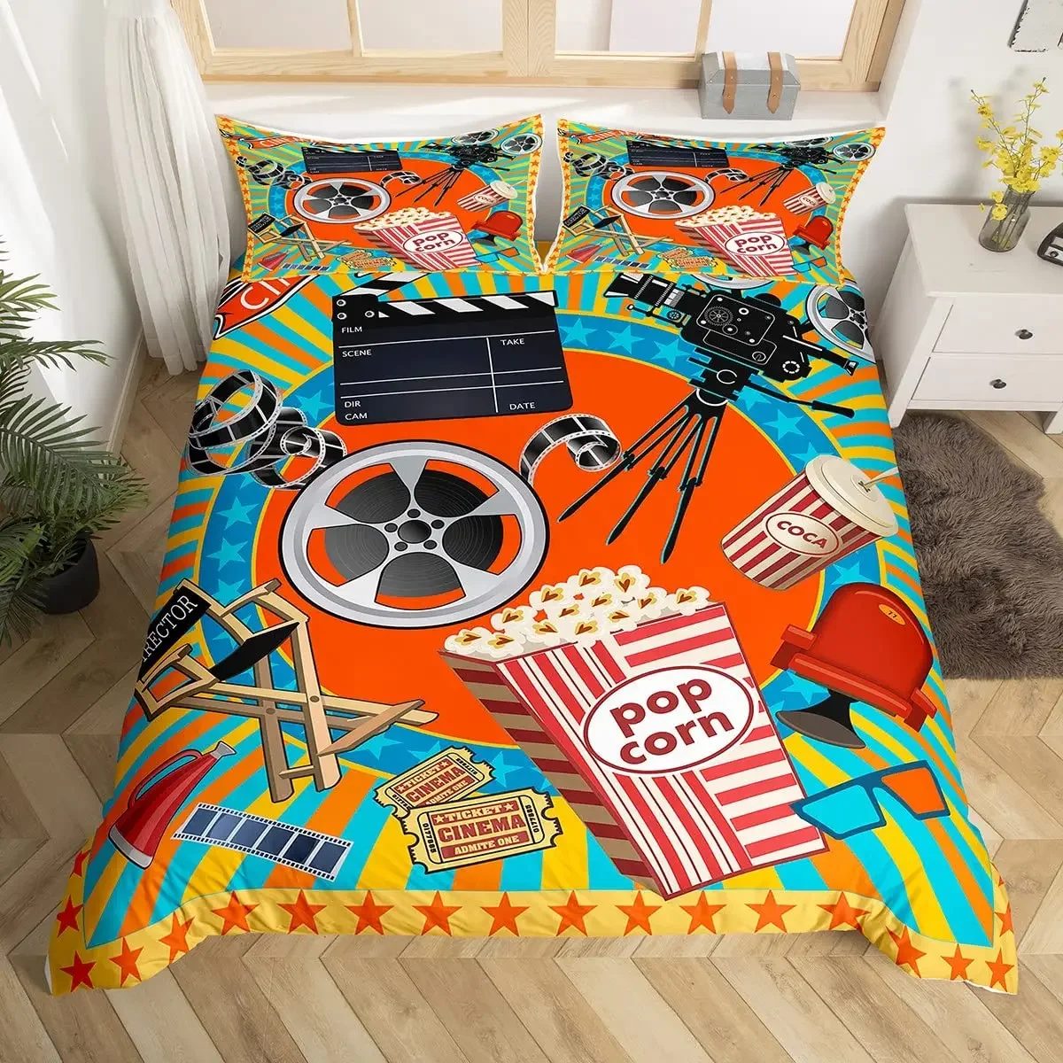 Popcorn King Queen Twin Duvet Cover Vintage Movie Theater Comforter Cover Cinema Poster Design Bedding Set Polyester Quilt Cover