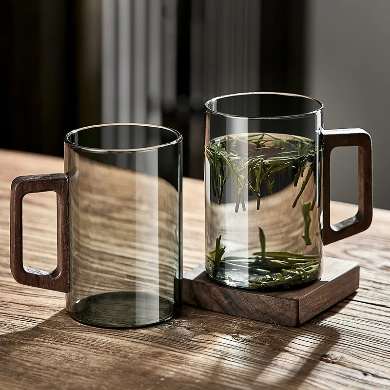 1pc 400ml Glas Tassen mit Walnuss Griff Haushalt Hitzebeständige Becher Große Kapazität Tee, Der Tasse Büro trinkgläser