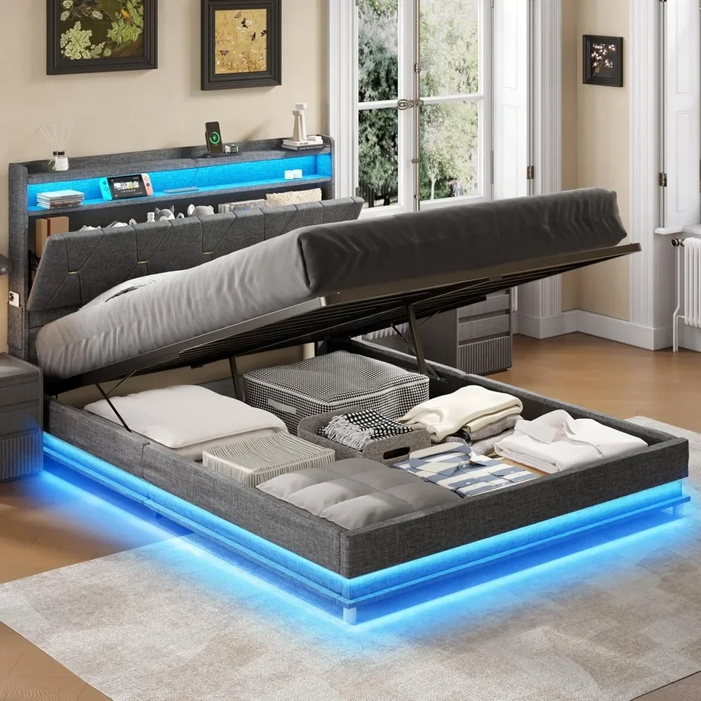 Large Lift Storage Bed Frame, Storage Headboard with Charging Station, Soft Cushioned Platform Bed with LED Lights