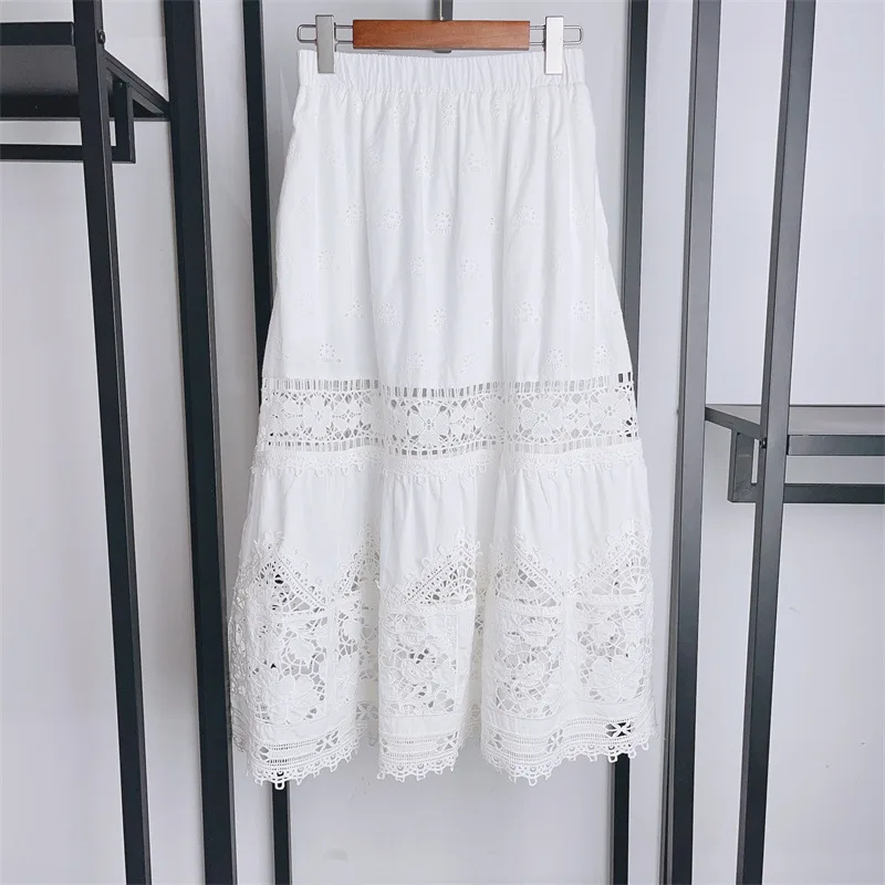 Set for Women 2024 New Spring 100% Cotton Embroidery Hollow Out O-neck Sweet Sleeveless Top or High Waist Loose Skirt