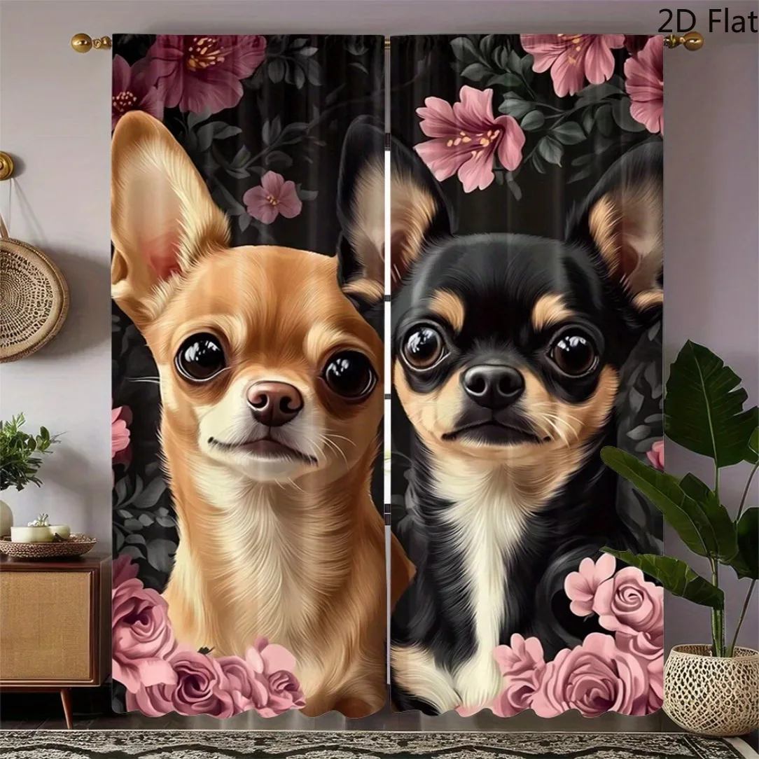 Cute Chihuahua Dog Curtain, Floral Pet Portrait Window Drape, Animal Lover Home Decor for Living Room Bedroom, Blackout Fabric