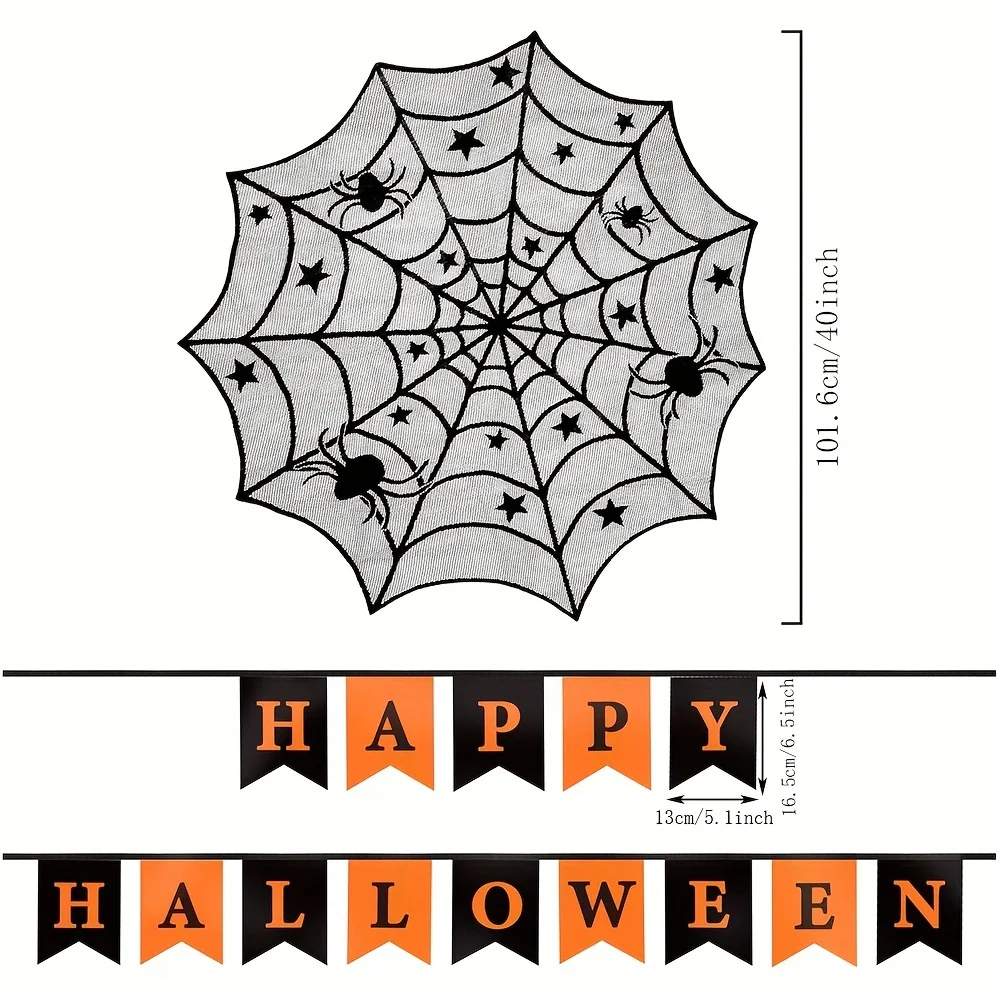Halloween Decor Bundle for Home, Party, Kitchen Spider Web Table Runners & Halloween Banner & Mantel Scarf & 36 PCS 3D Bat Stick