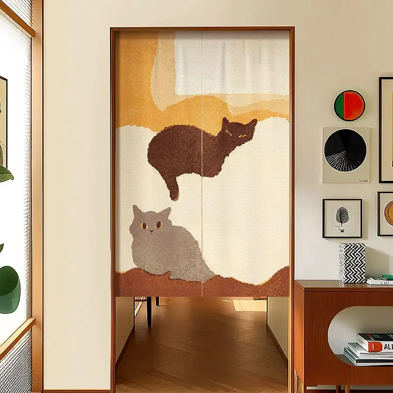 VIKAMA Japanese Retro Textured Lazy Cat Illustration Noren Doorway Curtain Room Divider Tapestry for Bedroom Art Home Decor