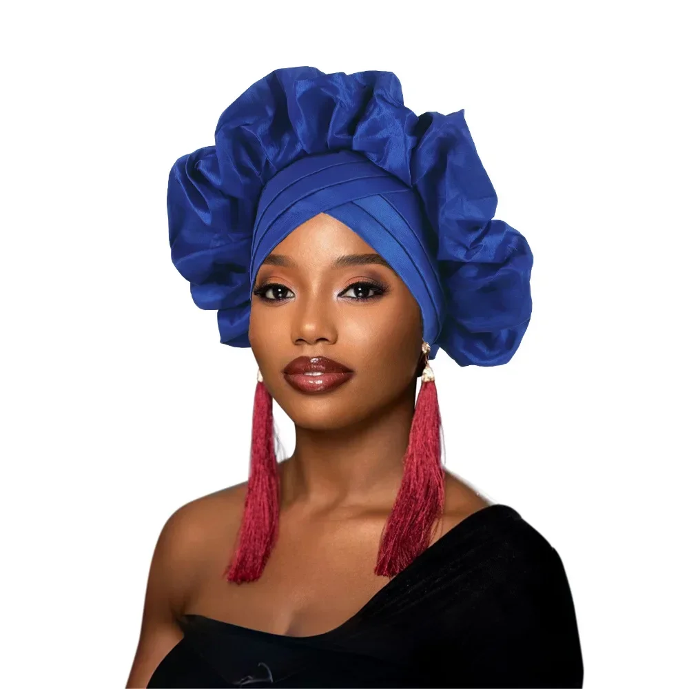 African Headtie Women Front Cross Ruffle Turban Cap Nigerian Wedding Auto Gele Headpiece Head Wrap Hijab Bonnet Hat Headdress