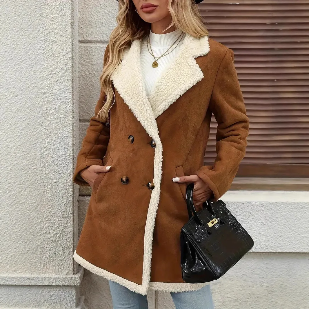 Autumn Winter Plaid Suede Jacket Women's Double Button Closure Long Sleeve Windbreaker Coat Casual Lapel Medium Length Coat