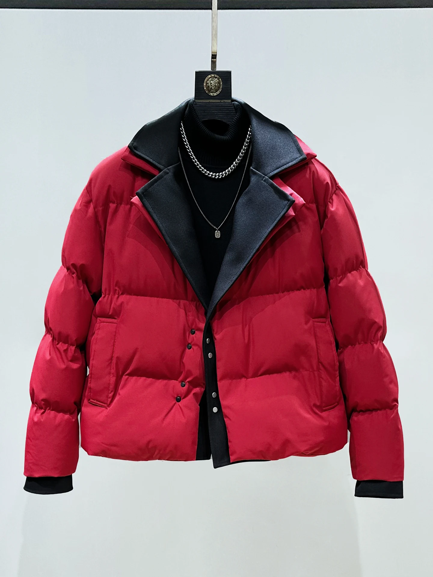 

Красная утепленная хлопковая куртка для мужчин, зимняя теплая дутая куртка-пуховик, повседневная, приталенная, укороченная, на пуговицах, с длинными рукавами