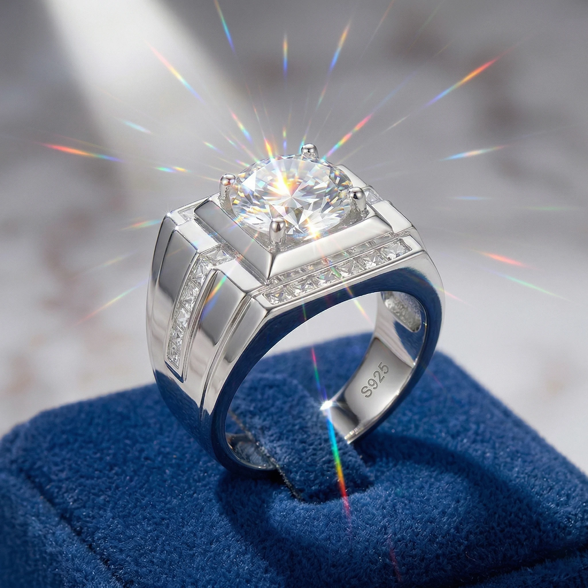 4 Carat Round Moissanite Ring, 925 Silver, D Color VVS1, Square Halo Channel Set, Men's Wedding Band, w/ Cert