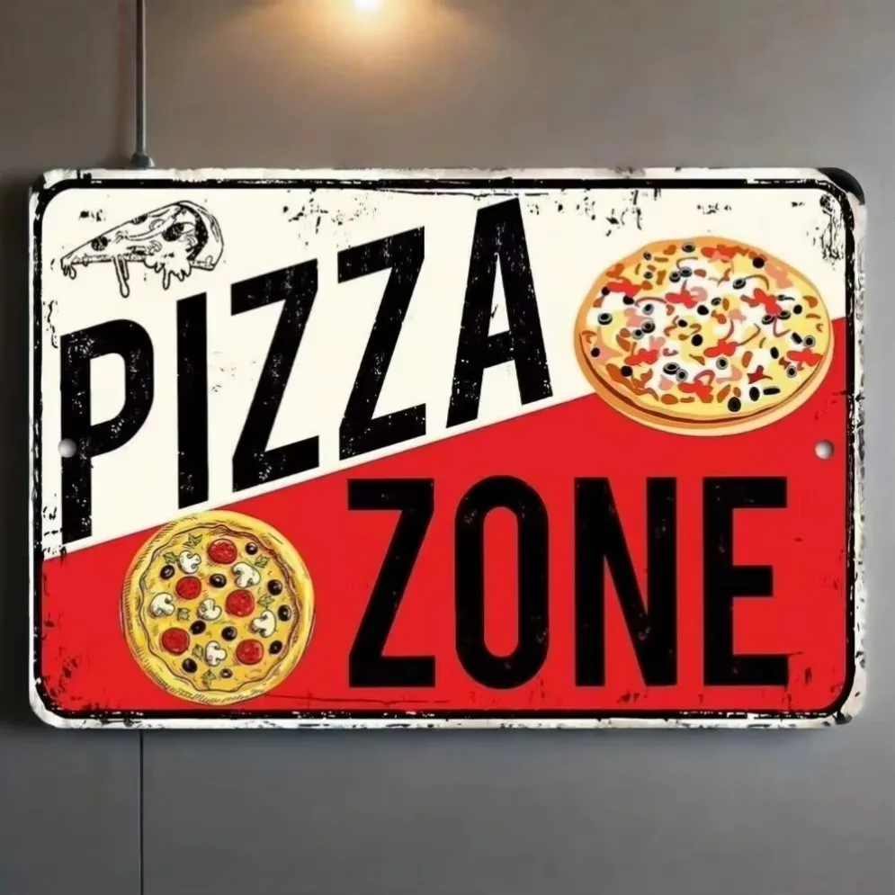 'Pizza Zone' Retro Metal Sign – Ideal Kitchen Decor for Pizza Fans"