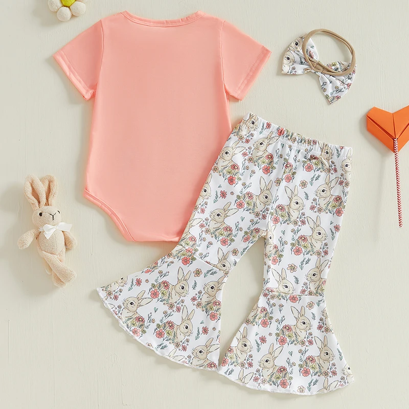 Baby Girls Easter Outfits with Bow Headband Bunny Pattern Rompers with Flared Pants 3 Pcs Newborn Clothes Set