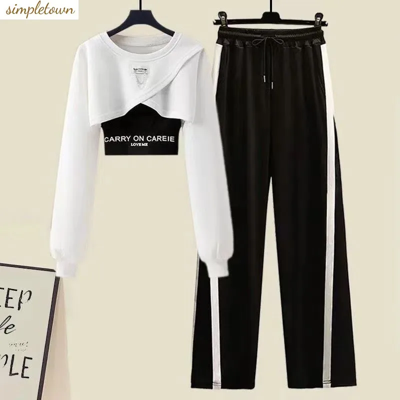 Spring Long Sleeved Set New Fashion Sweater Fake Two Piece Set Versatile High Waist Slimming Wide Leg Pants Three Piece Set