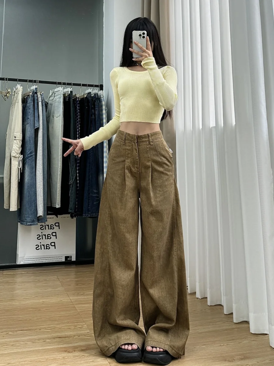 

Джинсы-палаццо цвета хаки женские летние, прямые, с высокой талией, свободные, стройнящие, бренд PmORh