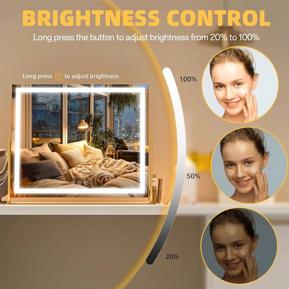 Miroir de courtoisie éclairé par 26 LED, lumière 3 couleurs à écran tactile, luminosité réglable, miroir de bureau carré doré