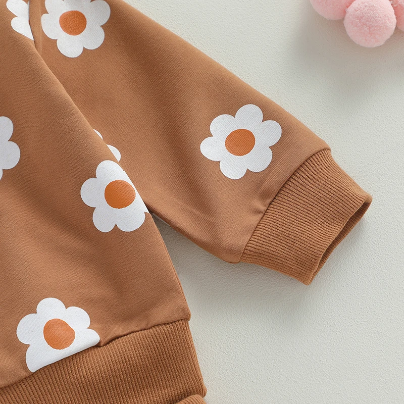 Toddler Baby Girl Spring Fall Round Neck Flower Print Long Sleeve Outfit Clothing Pullover Sweatshirt Pants Elastic Pockets Set