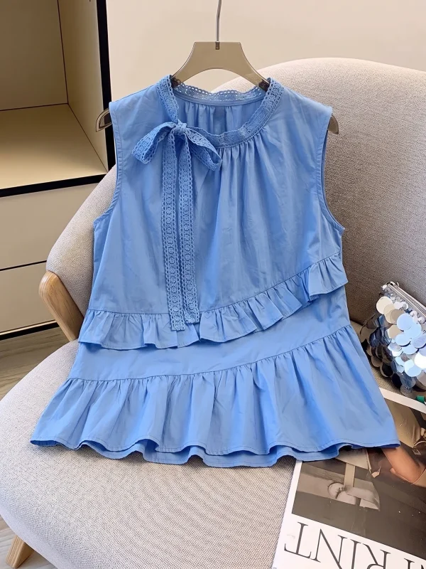 

Blue Lace Trim Sleeveless Shirt Women's Korean Style Summer New plus Size Doll Shirt Anti-Aging Top Commute Style Loose Fit