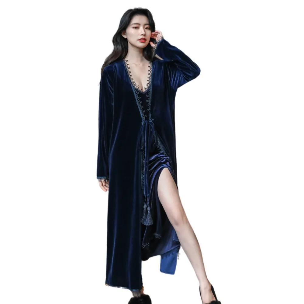 Pigiama autunno e inverno velluto dorato sexy bretelle lunghe V profonda bella schiena lunga camicia da notte camicia da notte abbigliamento per la casa