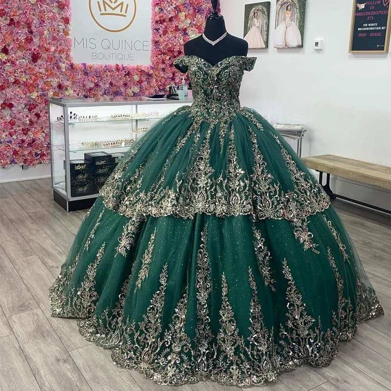 Angelsbridep-Off-Shoulder Lace Quinceanera Vestidos, vestidos de baile verde esmeralda brilhante, doce 15 Birthday Party Dress