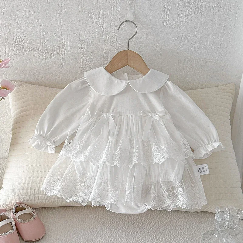 2026 New Spring Newborn Baby Girls Bodysuits Long Sleeved Cotton Lace Splice Korean Style Climbing Suit 0-24M Baby Girl Clothing