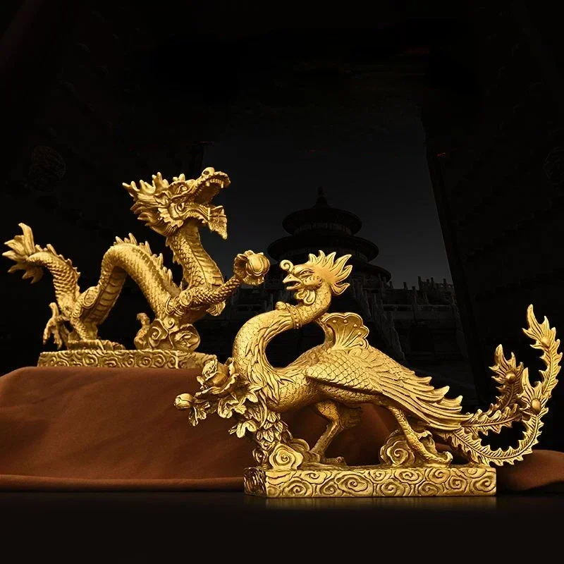 Feng Shui Mascot Copper Dragon and Phoenix Ornaments Zodiac Dragon Home Decoration