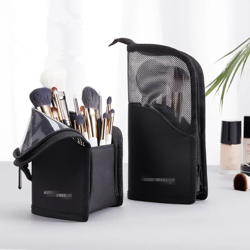 Makeup Brush Case Makeup Brush Holder Travel Waterproof Cosmetic Bag Stand-up Foldable Makeup Cup with Zipper (Black + Pink)