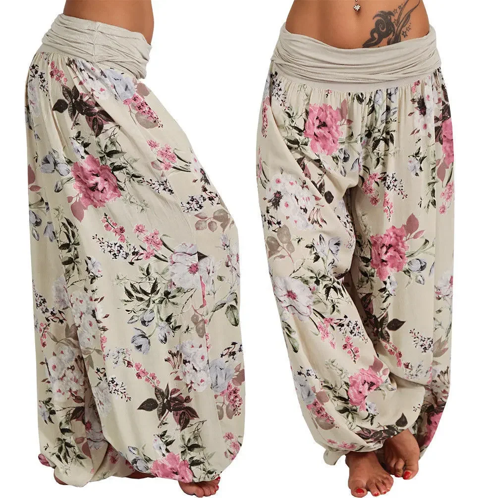 Women Bohemian Floral Print Pants Mid Waist Vintage Harem Pants Elastic Waist Boho Beach  Long Trousers Plus Size 5Xl 2025