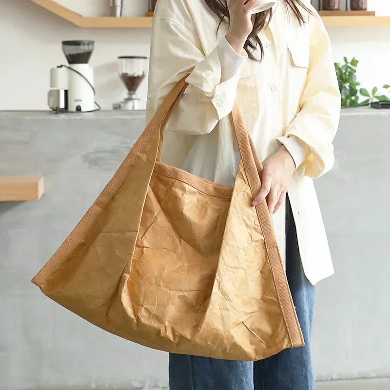 

Casual Retro Handbag, Fashion Pleated Kraft Paper Women's Bag, Washable DuPont Paper Shoulder Bag, Shopping Bags for Women