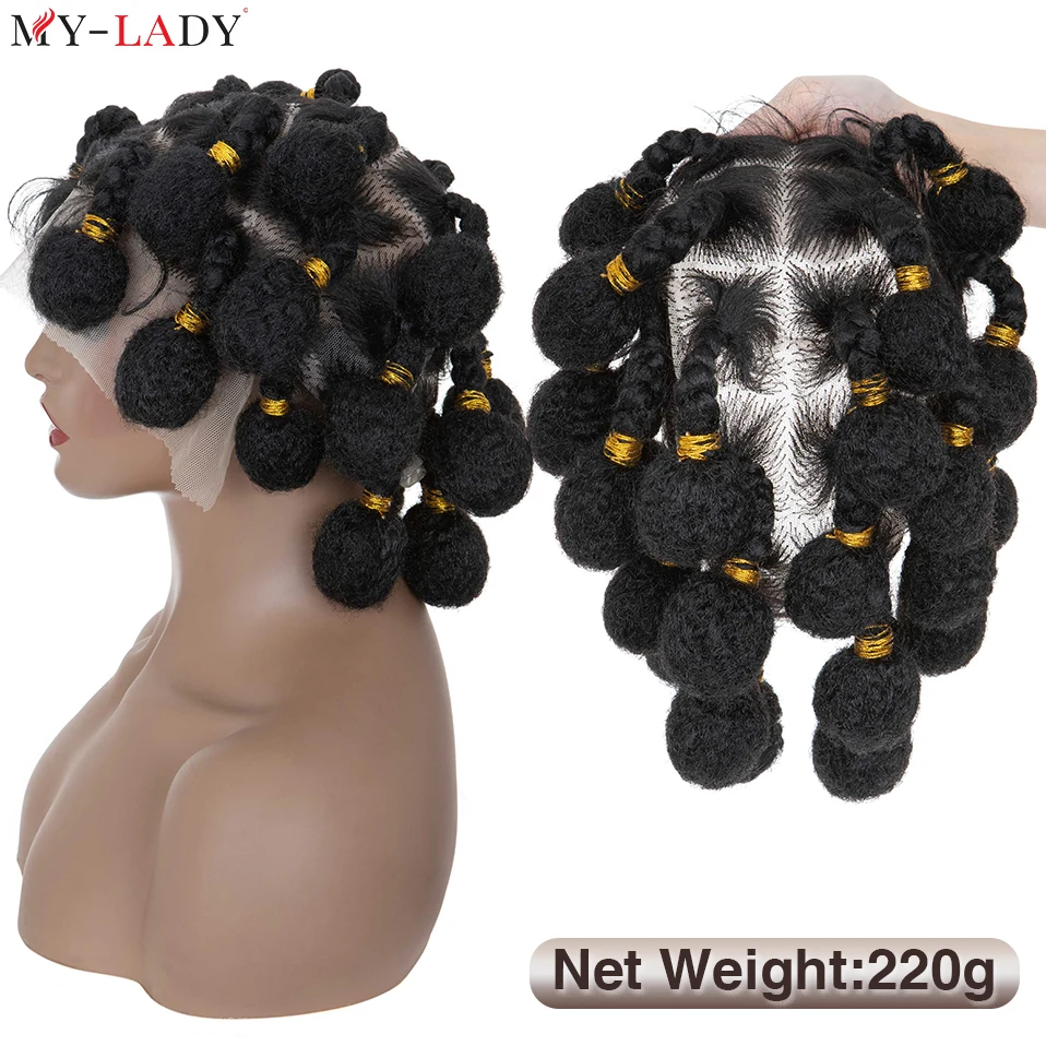 My-Lady Wig renda penuh sintetis 6 inci Wig kepang bola kecil untuk wanita hitam penggunaan sehari-hari Wig kepang Cosplay tanpa simpul Afro 220g