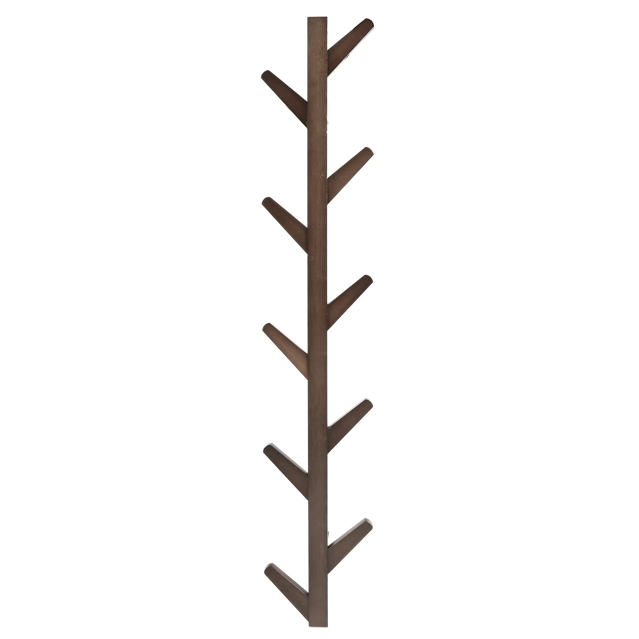 

Brown Bamboo Wall-Mounted Coat Rack With Ten Branch-Style Hooks For Hallway Or Entryway Storage