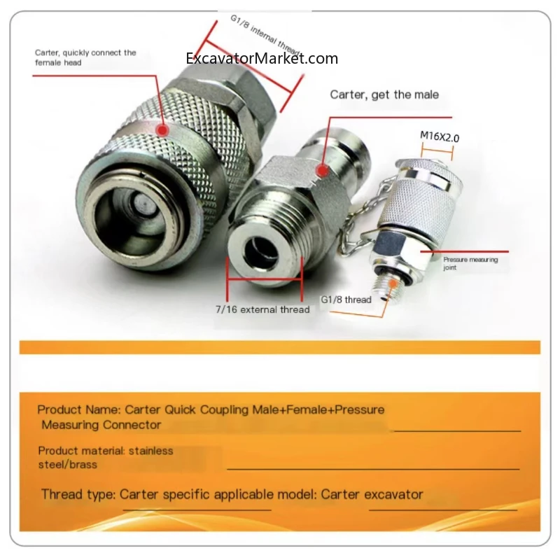 Excavator Parts Pressure Test Hose Connector Hydraulic Pump Test Connector For Caterpillar C/At Quick Connector Pressure Gauge